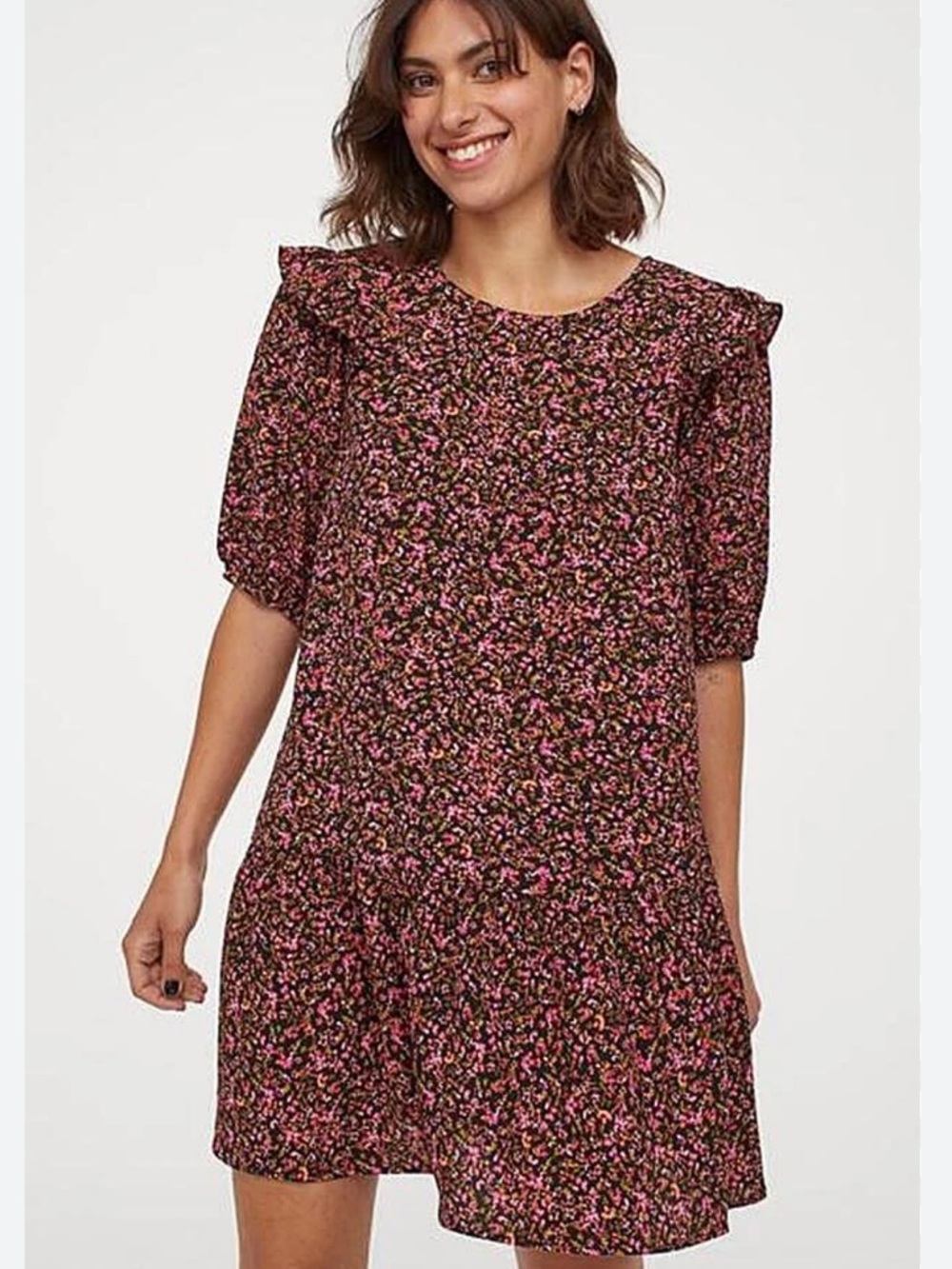 H&M Divided Ditsy Floral Cottagecore Mini Dress Ruffle Flowy Bohemian Size Small